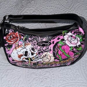 Ed Hardy Skull and Roses Shoulder Bag - Black and Pink